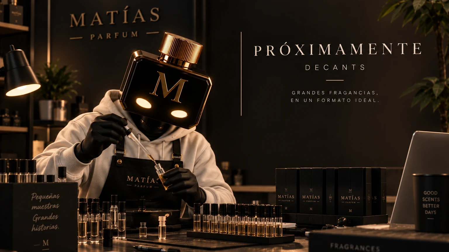 M, la mascota de Matías Parfum, llenando viales de decants con un gotero. Cartel: Próximamente, decants.